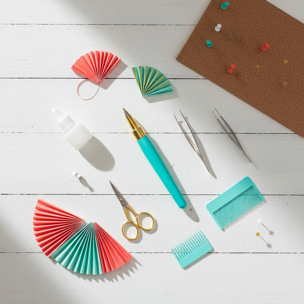 Komplet oversigt over essentielt quilling værktøj - pen, papir, lim, saks og pincet arrangeret på hvidt bord