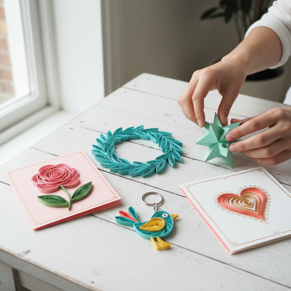 Fem smukke færdige quilling-projekter arrangeret på hvidt bord - blomsterkort, krans, nøglering, hjertekort og 3D-stjerne