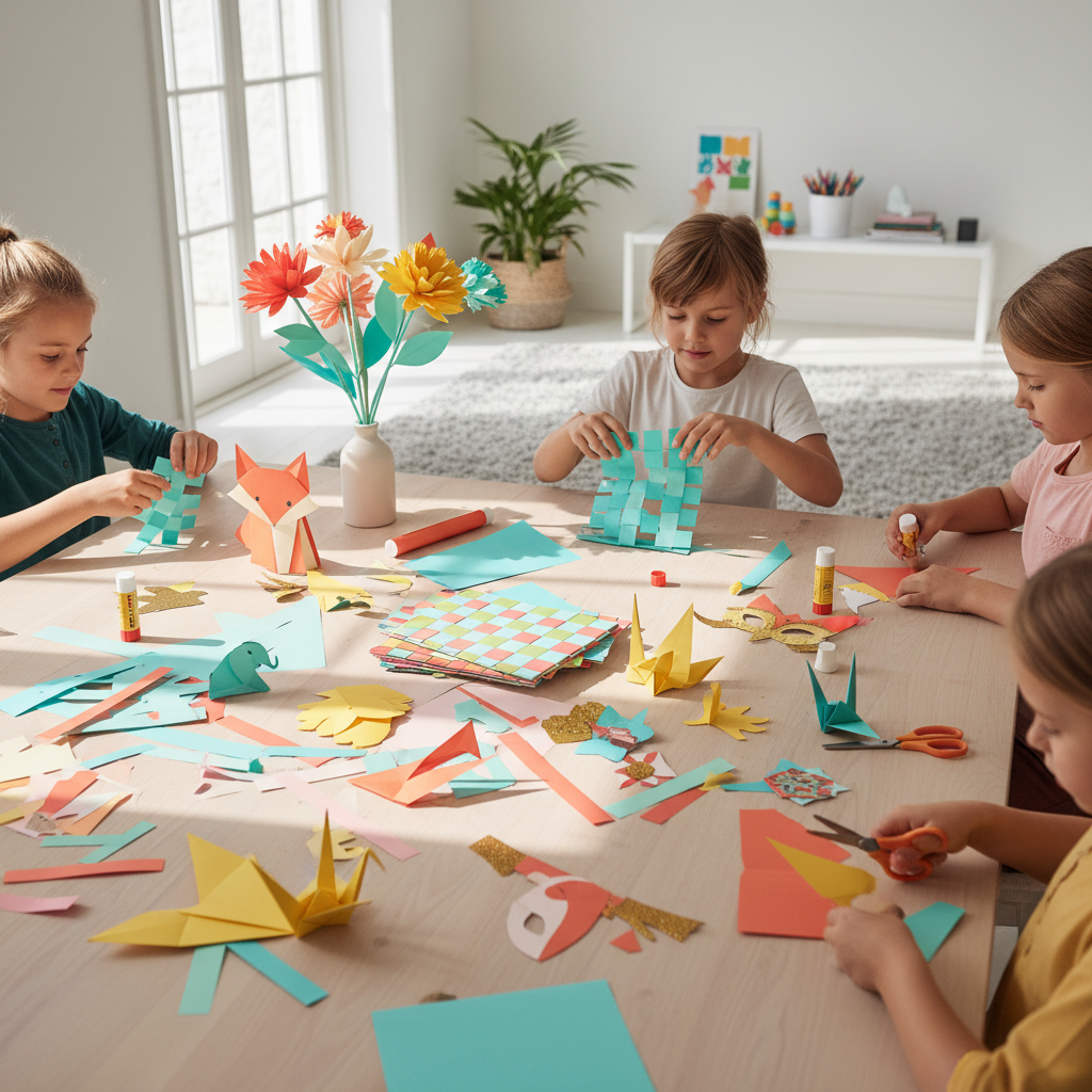 Glade børn laver papirprojekter ved bord - farverige blomster, dyr og dekorationer
