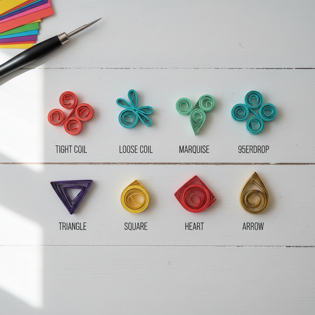 Oversigt over de 8 grundlæggende quilling-former arrangeret i grid - tight coil, loose coil, teardrop, marquise, square, triangle, heart og arrow